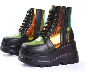 Gothniero Platform Goth Ankle Boots for Womem Black Holographic Combat Chunky Heel Boots with Side Zip Lace Up Wedge Booties US5.5-11