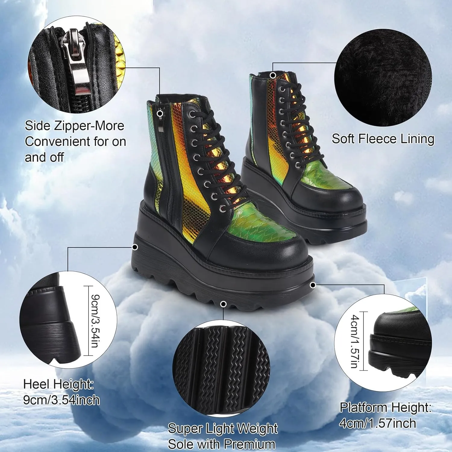 Gothniero Platform Goth Ankle Boots for Womem Black Holographic Combat Chunky Heel Boots with Side Zip Lace Up Wedge Booties US5.5-11