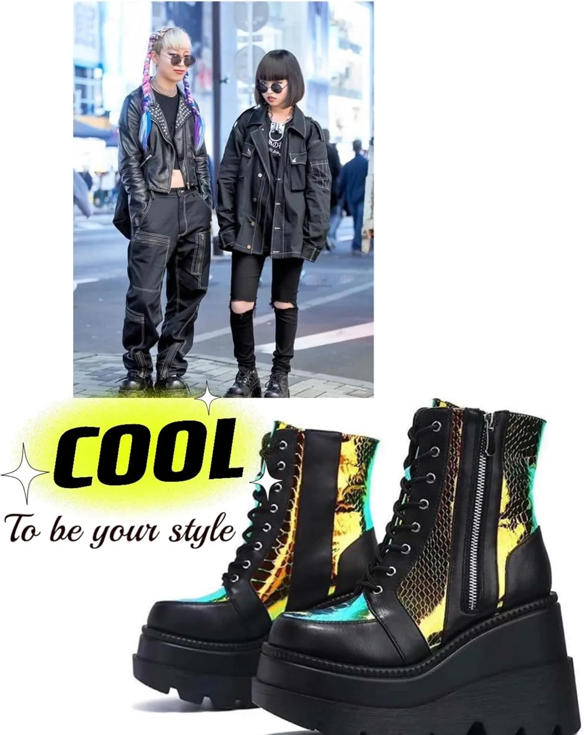 Gothniero Platform Goth Ankle Boots for Womem Black Holographic Combat Chunky Heel Boots with Side Zip Lace Up Wedge Booties US5.5-11
