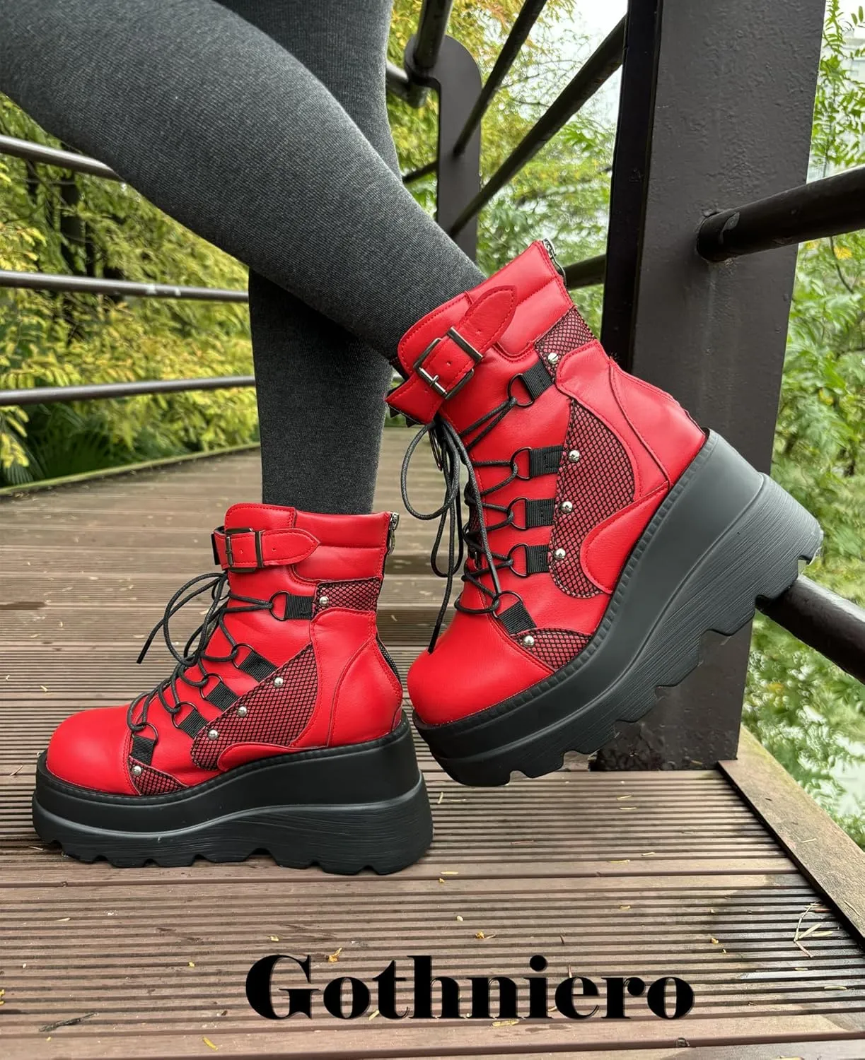 Gothniero Platform Goth Ankle Boots for Womem Black Holographic Combat Chunky Heel Boots with Side Zip Lace Up Wedge Booties US5.5-11