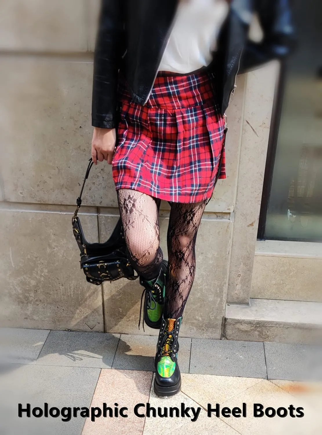 Gothniero Platform Goth Ankle Boots for Womem Black Holographic Combat Chunky Heel Boots with Side Zip Lace Up Wedge Booties US5.5-11