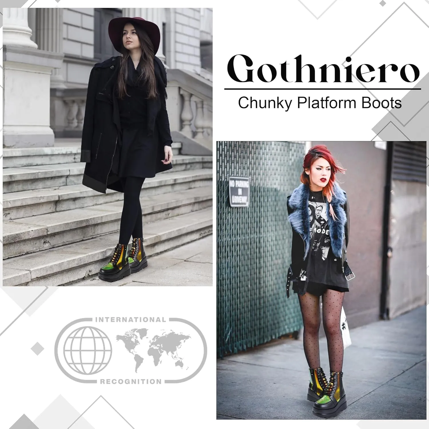 Gothniero Platform Goth Ankle Boots for Womem Black Holographic Combat Chunky Heel Boots with Side Zip Lace Up Wedge Booties US5.5-11