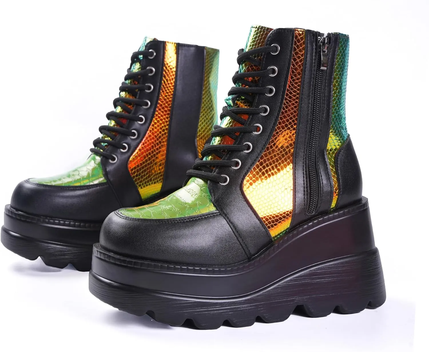 Gothniero Platform Goth Ankle Boots for Womem Black Holographic Combat Chunky Heel Boots with Side Zip Lace Up Wedge Booties US5.5-11