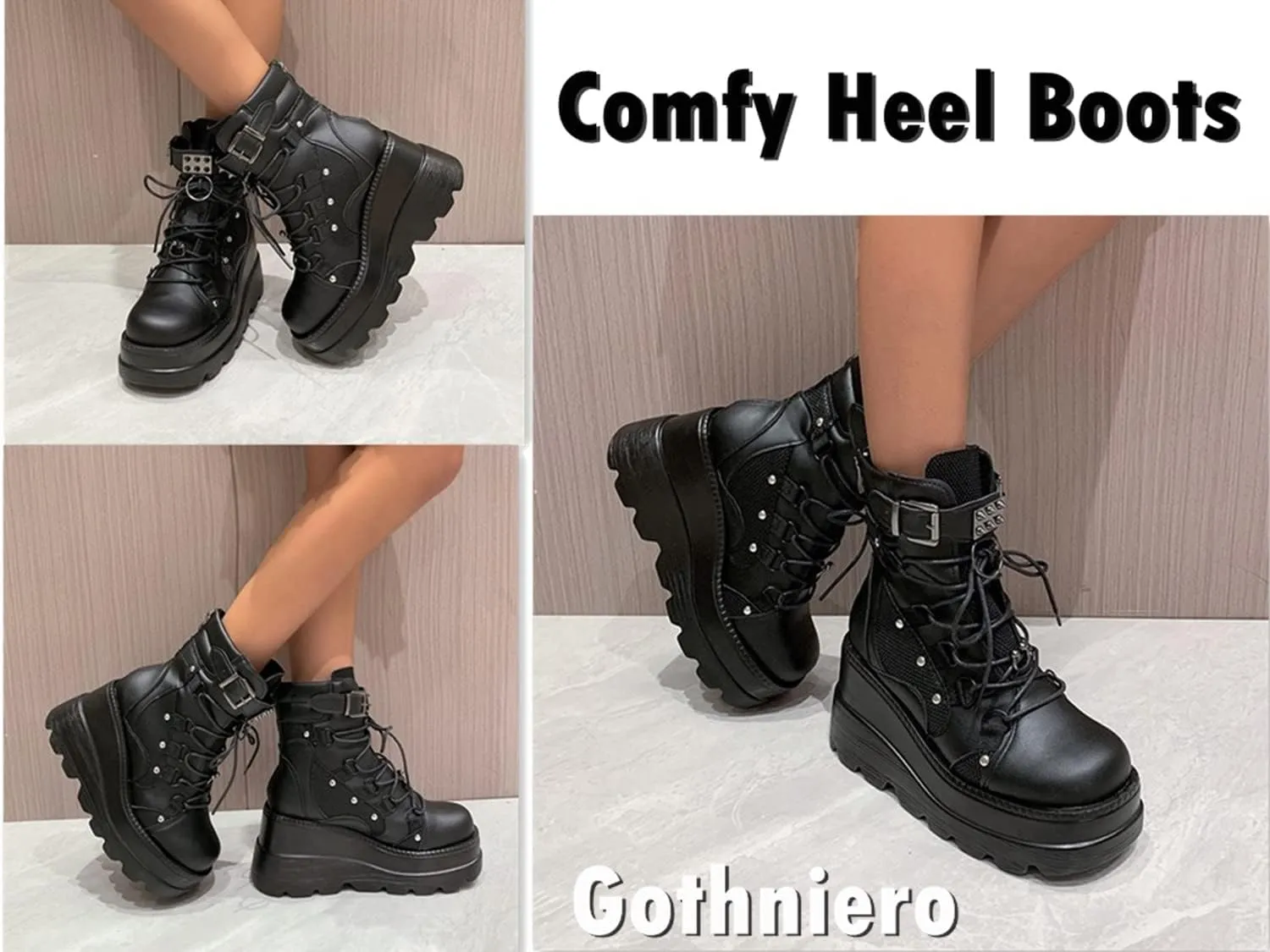 Gothniero Platform Goth Ankle Boots for Womem Black Holographic Combat Chunky Heel Boots with Side Zip Lace Up Wedge Booties US5.5-11