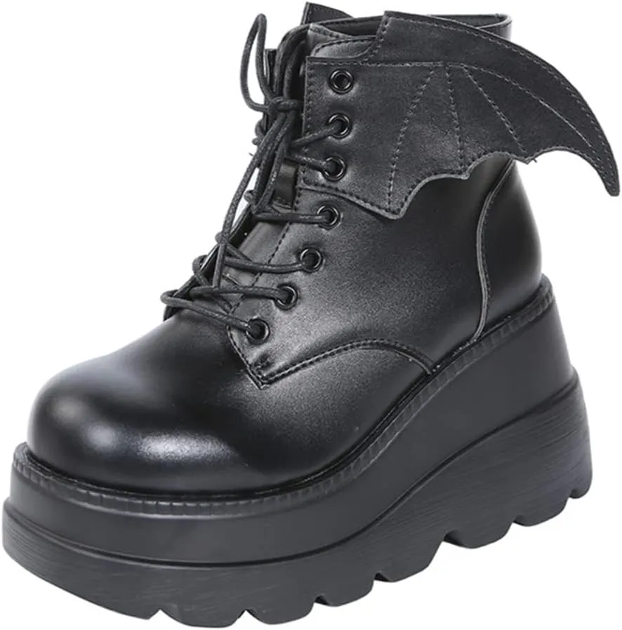 Gothniero Platform Goth Ankle Boots for Womem Black Holographic Combat Chunky Heel Boots with Side Zip Lace Up Wedge Booties US5.5-11
