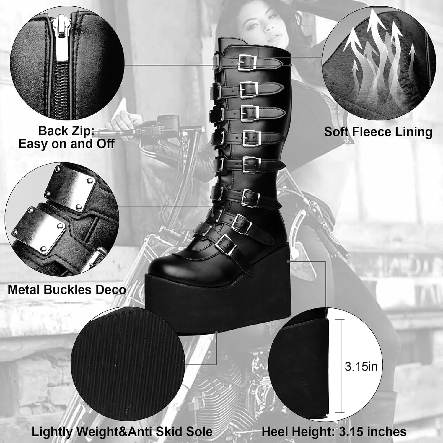 Gothniero Women Black Platform Goth Boots Mid Calf with Heel Knee High Boots Winter Chunky Heel Punk Rave Boots Girls Lace Up Combat Booties Size 5.5-11