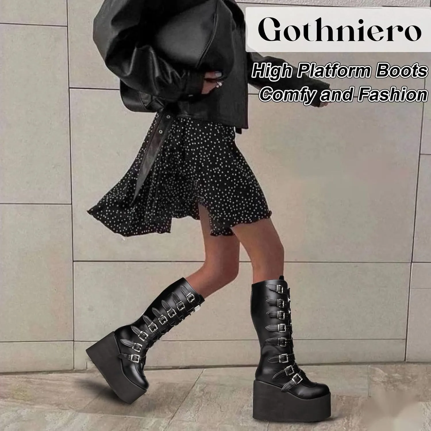 Gothniero Women Black Platform Goth Boots Mid Calf with Heel Knee High Boots Winter Chunky Heel Punk Rave Boots Girls Lace Up Combat Booties Size 5.5-11