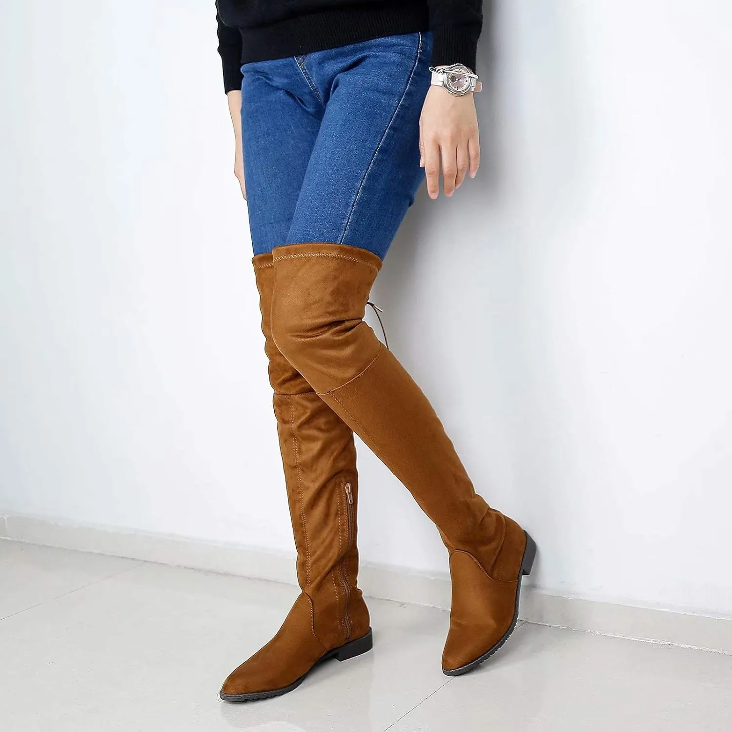 Greatonu Women's Over Knee High Boots Warm Winter Long Boot with Side Zipper Back Lace Fashion Thigh High Boots