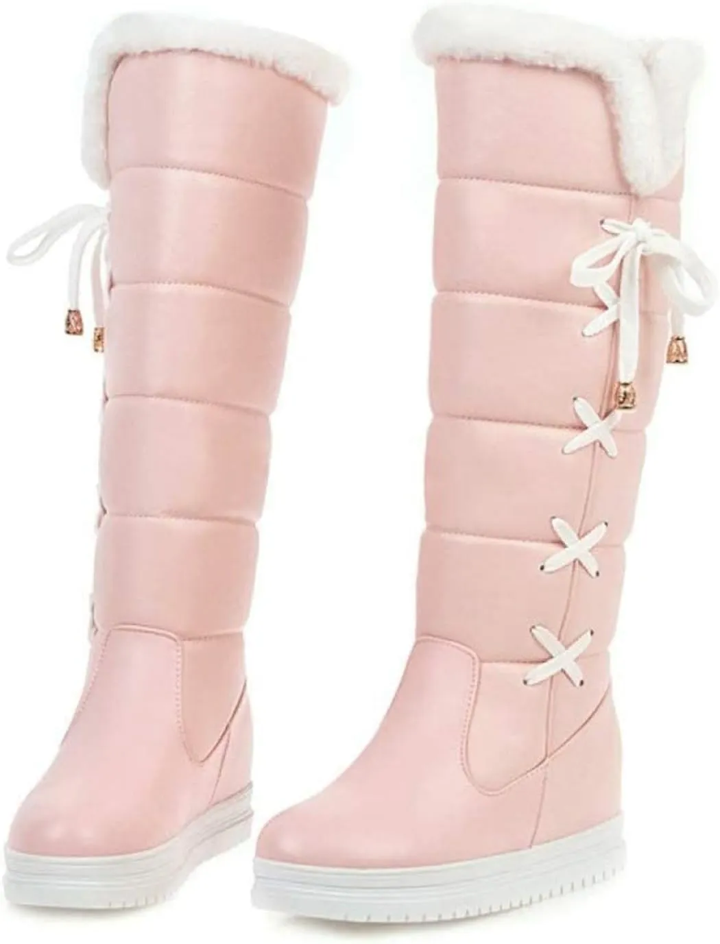 GUNIYIFS Winter Snow Boots for Women Waterproof Knee High Boots Women Wide Calf Platform Lace Up Fur Lined Warm Pink Boots