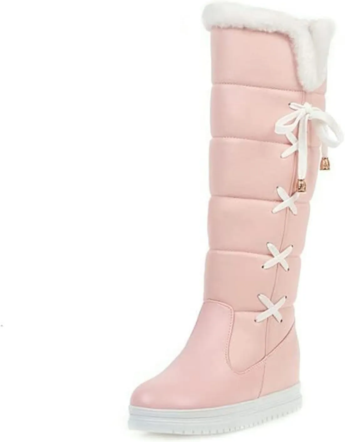 GUNIYIFS Winter Snow Boots for Women Waterproof Knee High Boots Women Wide Calf Platform Lace Up Fur Lined Warm Pink Boots