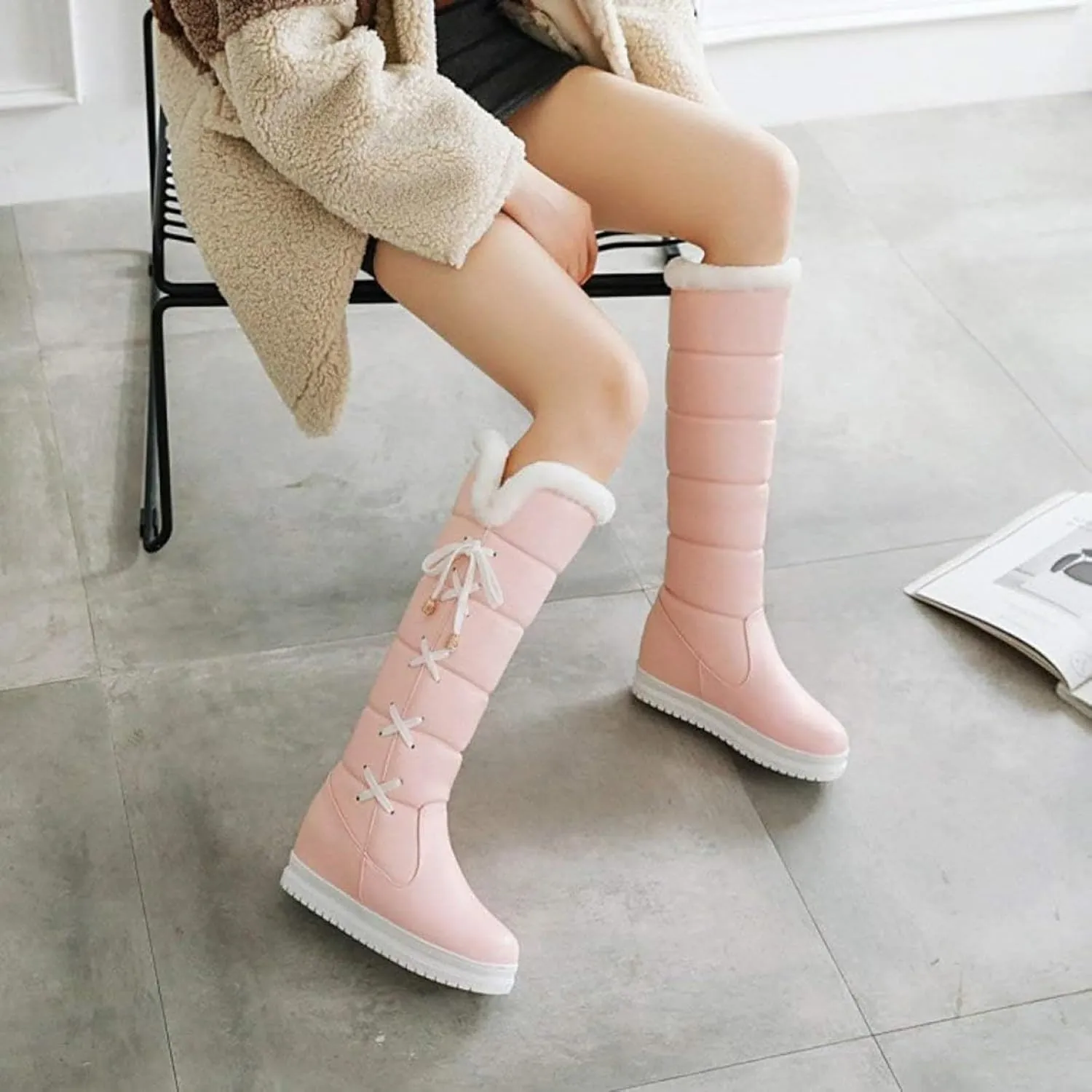 GUNIYIFS Winter Snow Boots for Women Waterproof Knee High Boots Women Wide Calf Platform Lace Up Fur Lined Warm Pink Boots