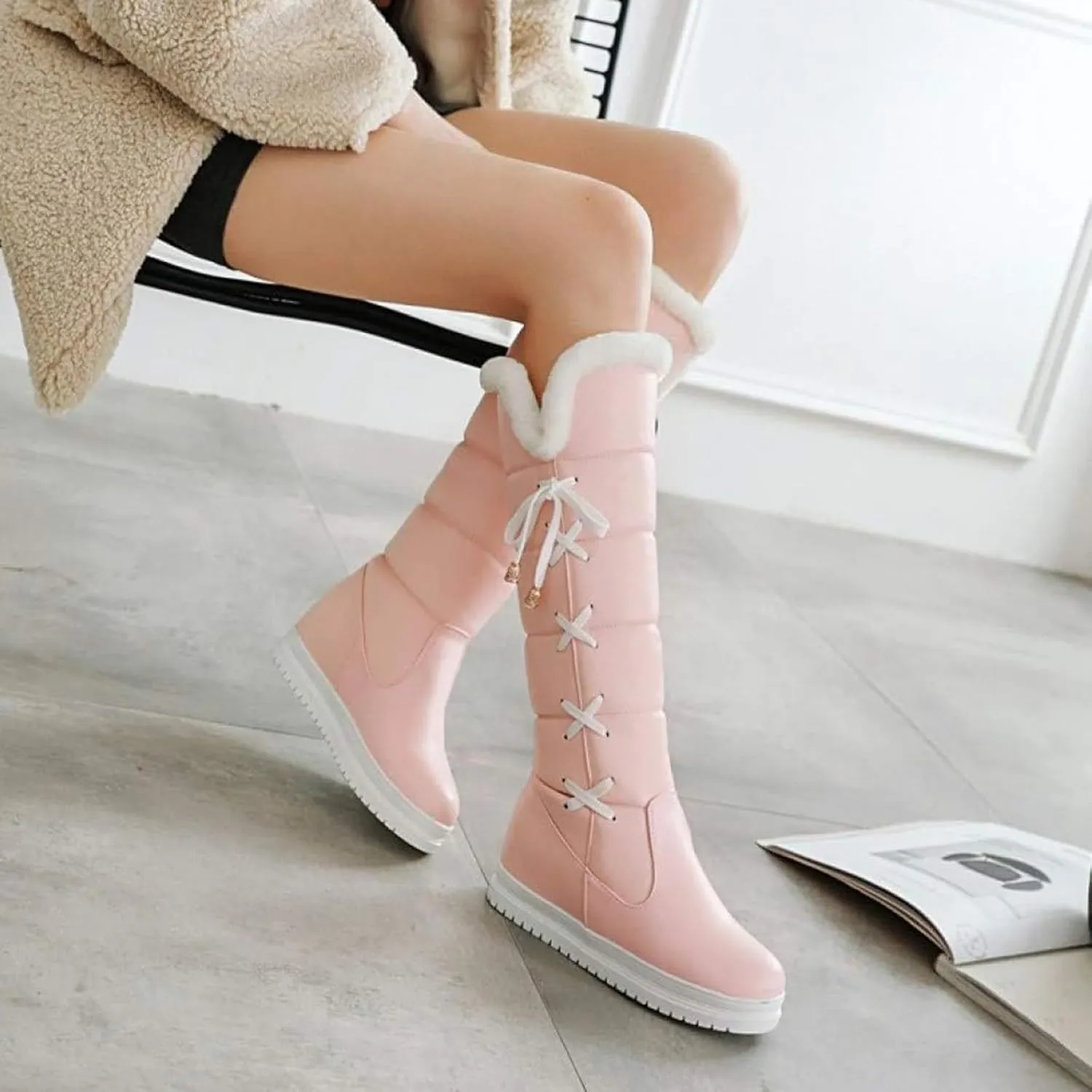 GUNIYIFS Winter Snow Boots for Women Waterproof Knee High Boots Women Wide Calf Platform Lace Up Fur Lined Warm Pink Boots
