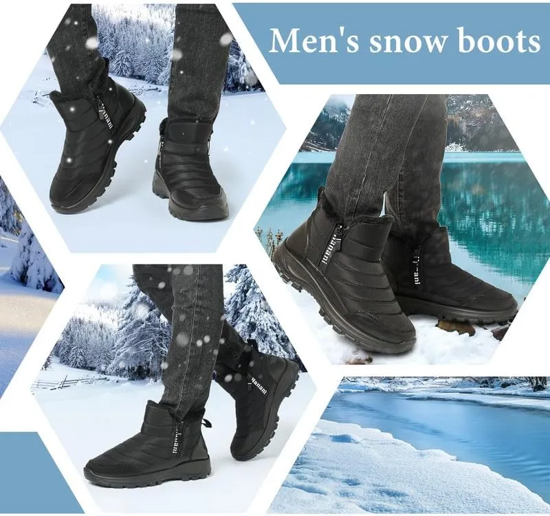 Hanani Mens Winter Snow Boots Fur Lined Warm Ankle Boots Zipper Closure Waterproof Outdoor Boots Men's Lightweight Comfortable Shoes