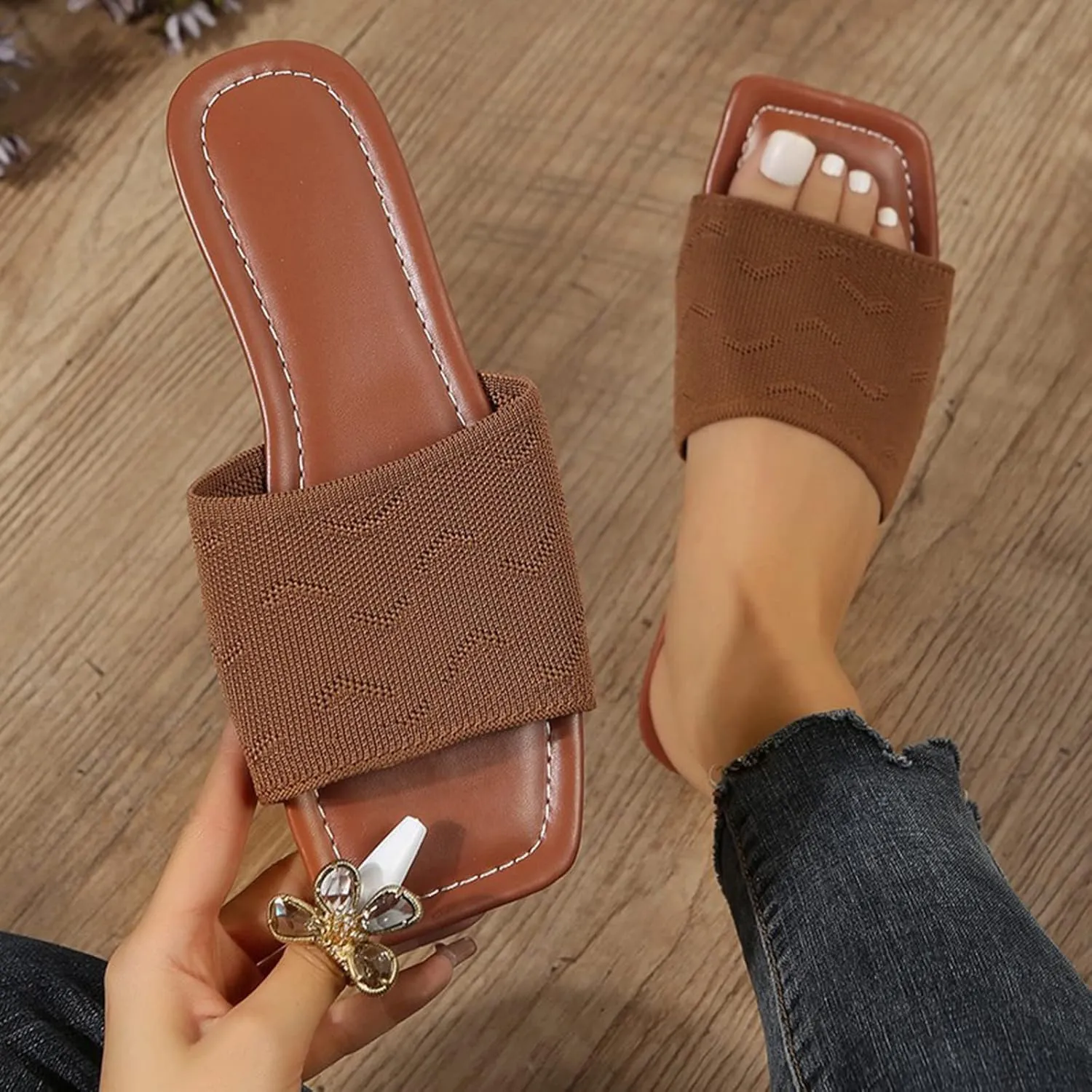 Hbeylia Sandals for Women Dressy Summer Fashion Knitted Square Open Toe Gladiator Flip Flops Comfortable Bohemian Slip On Indoor Outdoor Dressy Boho Casual Sandals