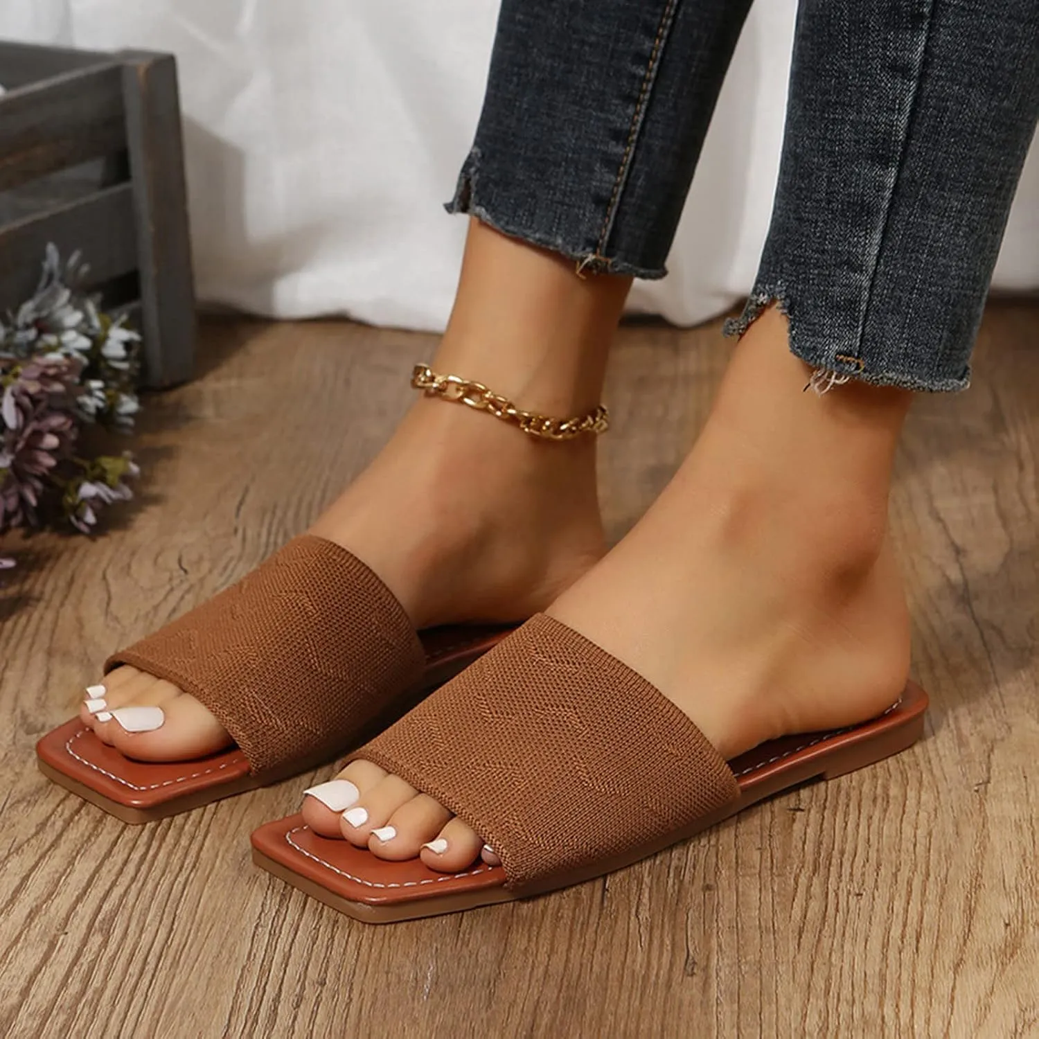 Hbeylia Sandals for Women Dressy Summer Fashion Knitted Square Open Toe Gladiator Flip Flops Comfortable Bohemian Slip On Indoor Outdoor Dressy Boho Casual Sandals