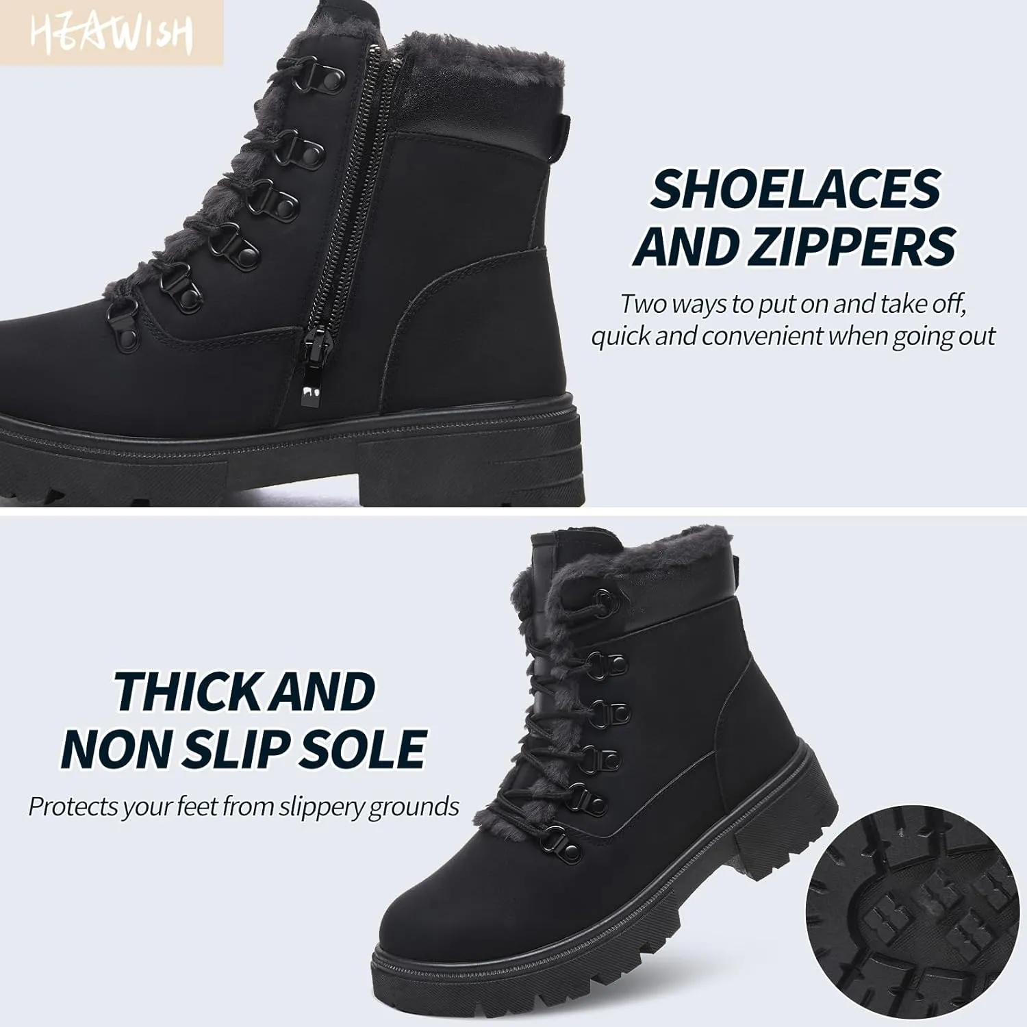 HEAWISH Women Winter Snow Boots with Fur Lined,Black Low heels Combat Ankle Boots,Non Slip Leather Ankle Boots for Women