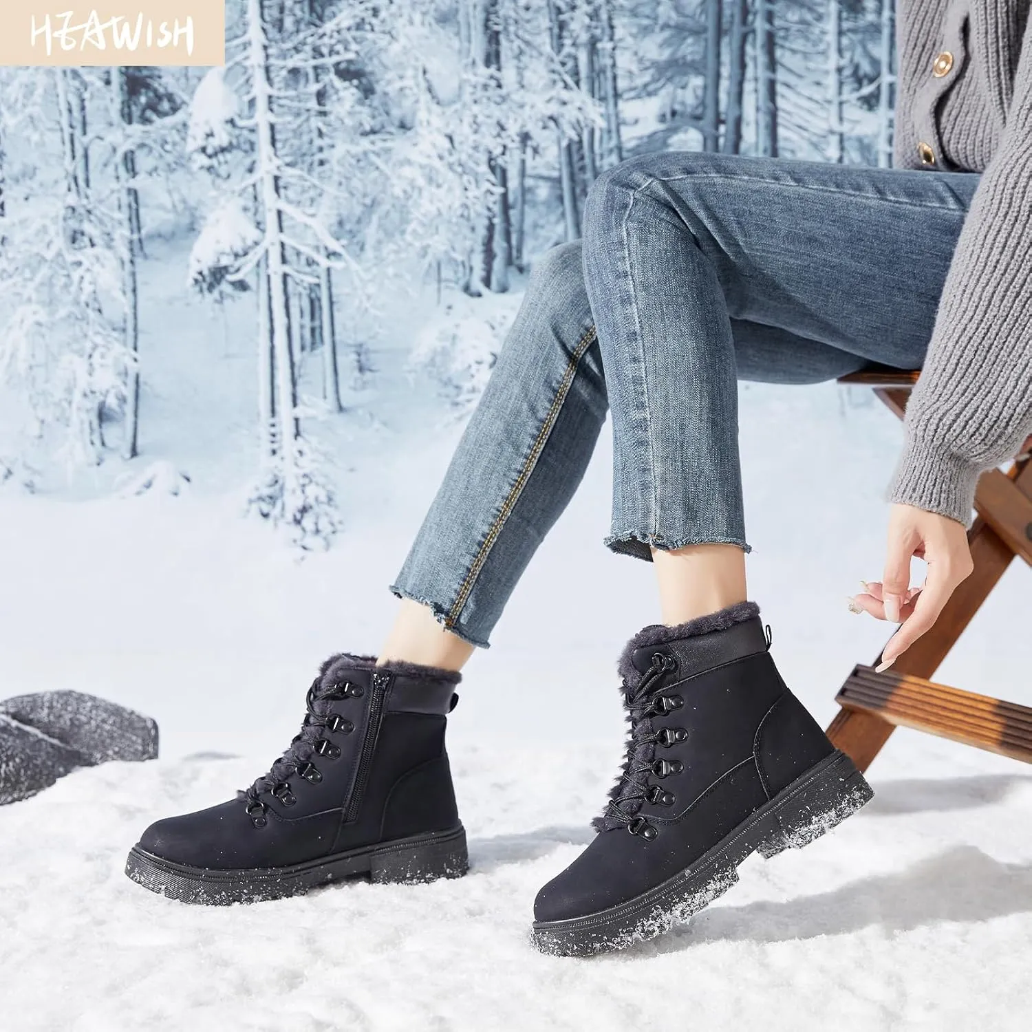 HEAWISH Women Winter Snow Boots with Fur Lined,Black Low heels Combat Ankle Boots,Non Slip Leather Ankle Boots for Women