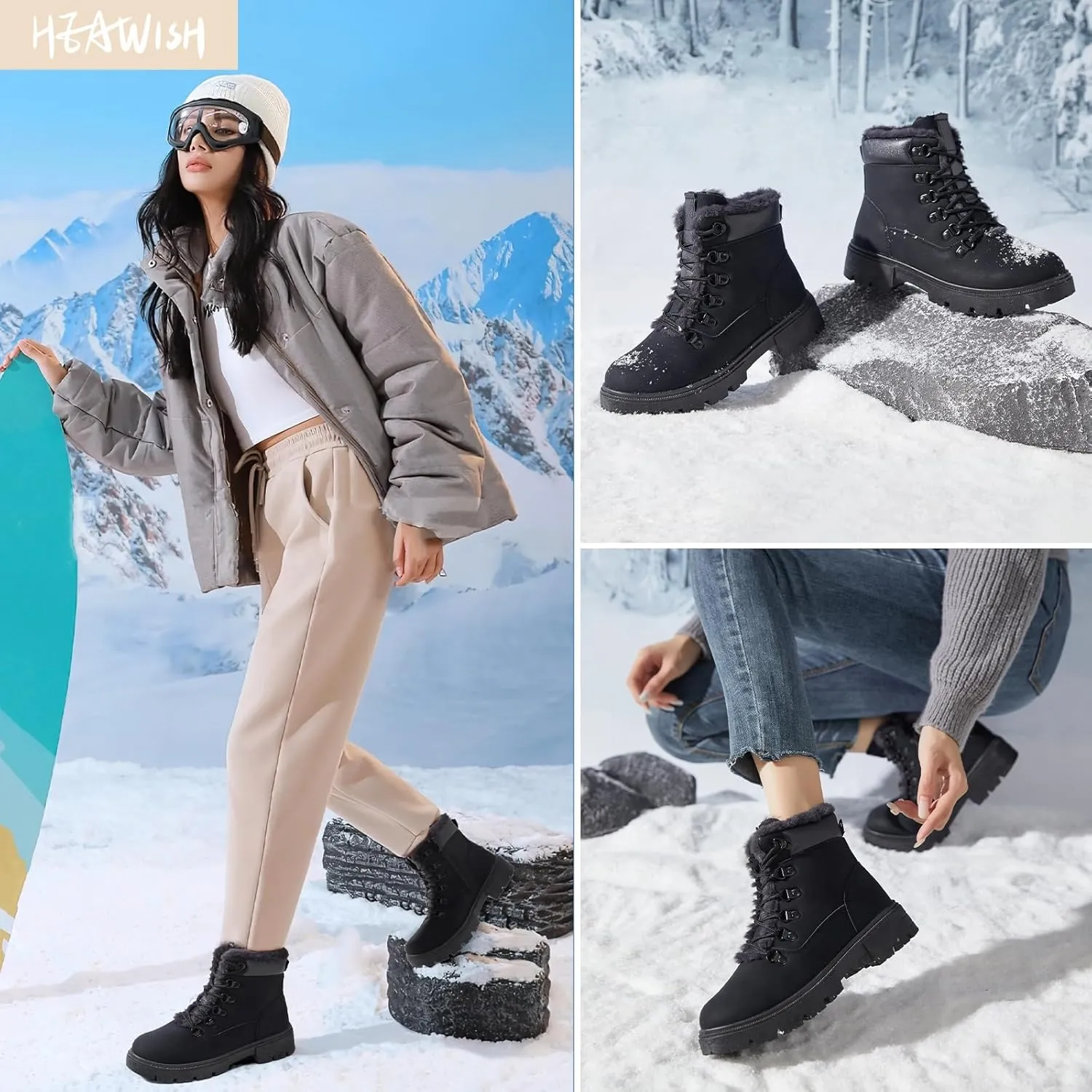 HEAWISH Women Winter Snow Boots with Fur Lined,Black Low heels Combat Ankle Boots,Non Slip Leather Ankle Boots for Women