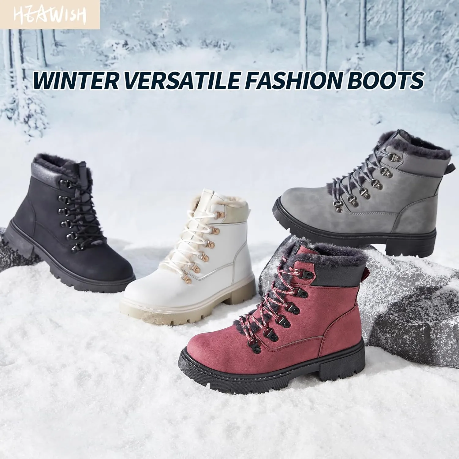 HEAWISH Women Winter Snow Boots with Fur Lined,Black Low heels Combat Ankle Boots,Non Slip Leather Ankle Boots for Women