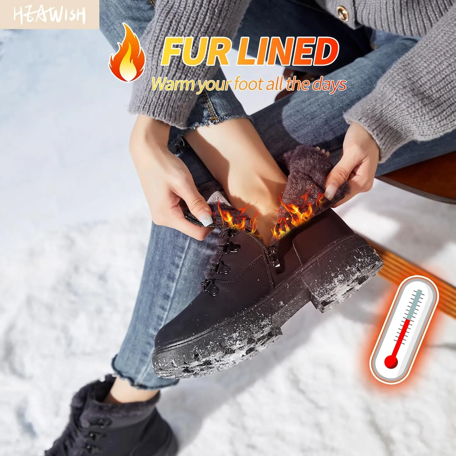 HEAWISH Women Winter Snow Boots with Fur Lined,Black Low heels Combat Ankle Boots,Non Slip Leather Ankle Boots for Women