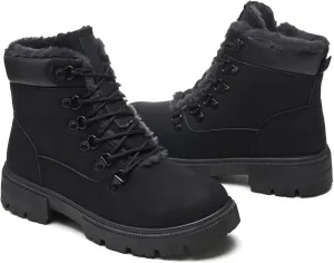 HEAWISH Women Winter Snow Boots with Fur Lined,Black Low heels Combat Ankle Boots,Non Slip Leather Ankle Boots for Women