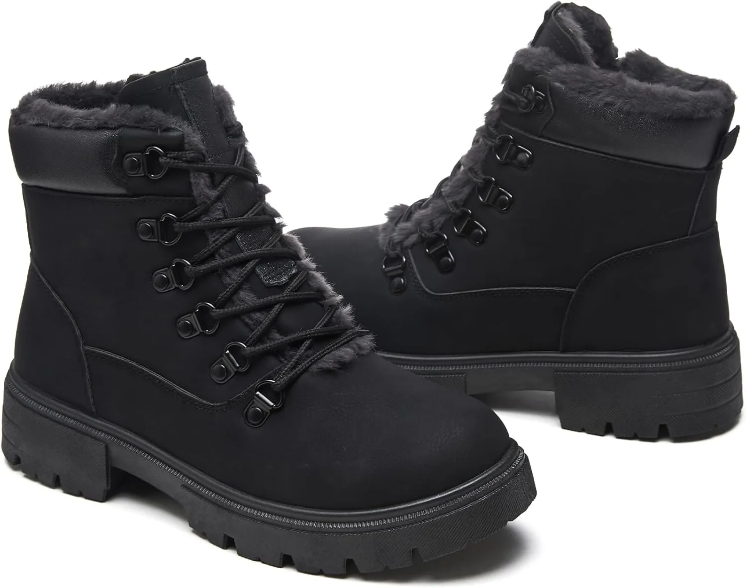 HEAWISH Women Winter Snow Boots with Fur Lined,Black Low heels Combat Ankle Boots,Non Slip Leather Ankle Boots for Women