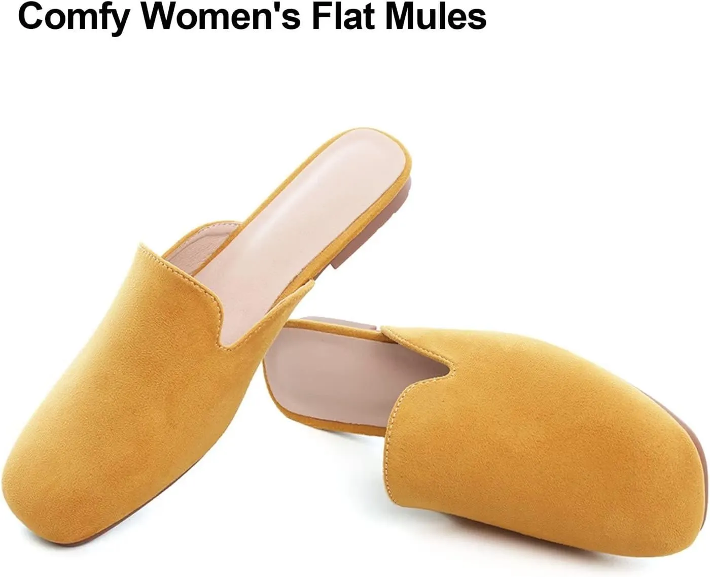 Hee grand Mules for Women Flats Square Toe Slip on Flat Slides Comfortable Suede Women Slippers Backless Loafer Shoes