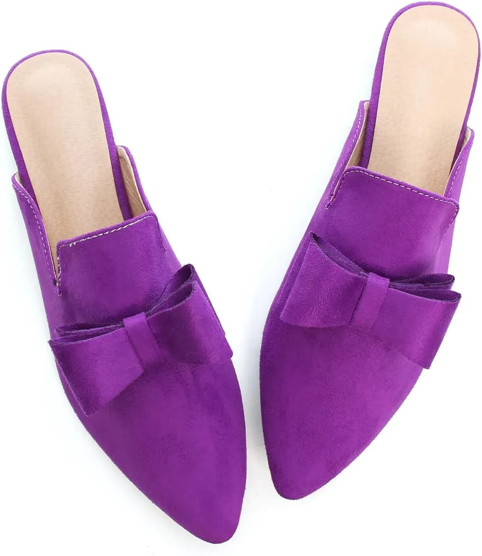 Hee grand Women's Mules Bowknot Suede Comfortable Slip On Flats Closed Pointed Toe Backless Loafers Mules for Women