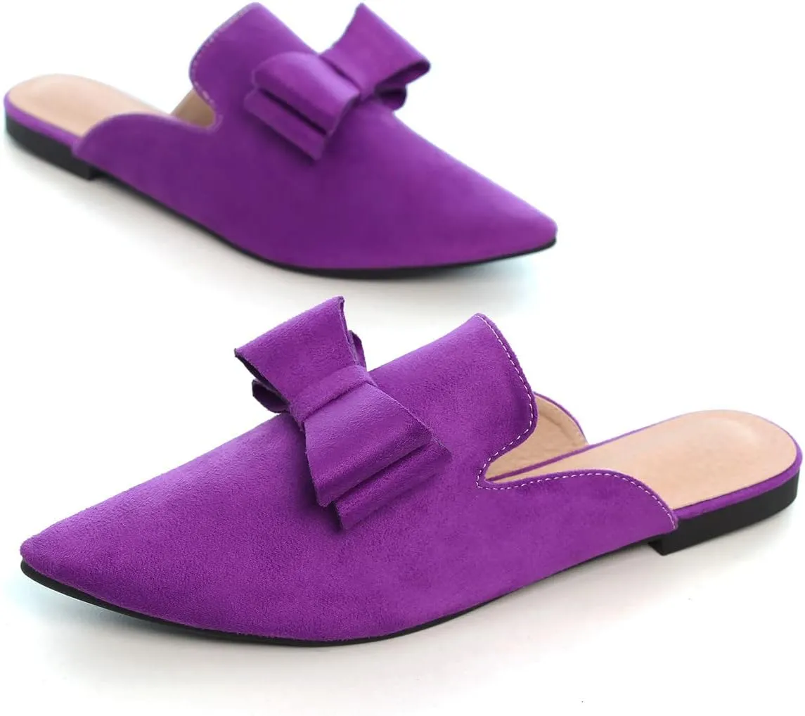 Hee grand Women's Mules Bowknot Suede Comfortable Slip On Flats Closed Pointed Toe Backless Loafers Mules for Women