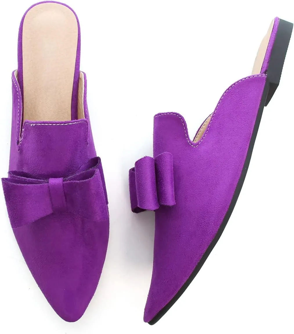 Hee grand Women's Mules Bowknot Suede Comfortable Slip On Flats Closed Pointed Toe Backless Loafers Mules for Women