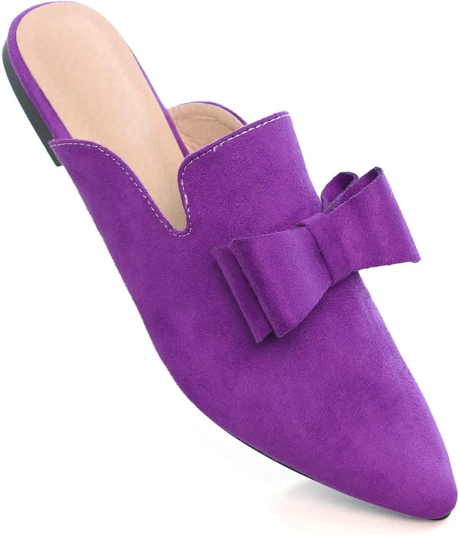 Hee grand Women's Mules Bowknot Suede Comfortable Slip On Flats Closed Pointed Toe Backless Loafers Mules for Women