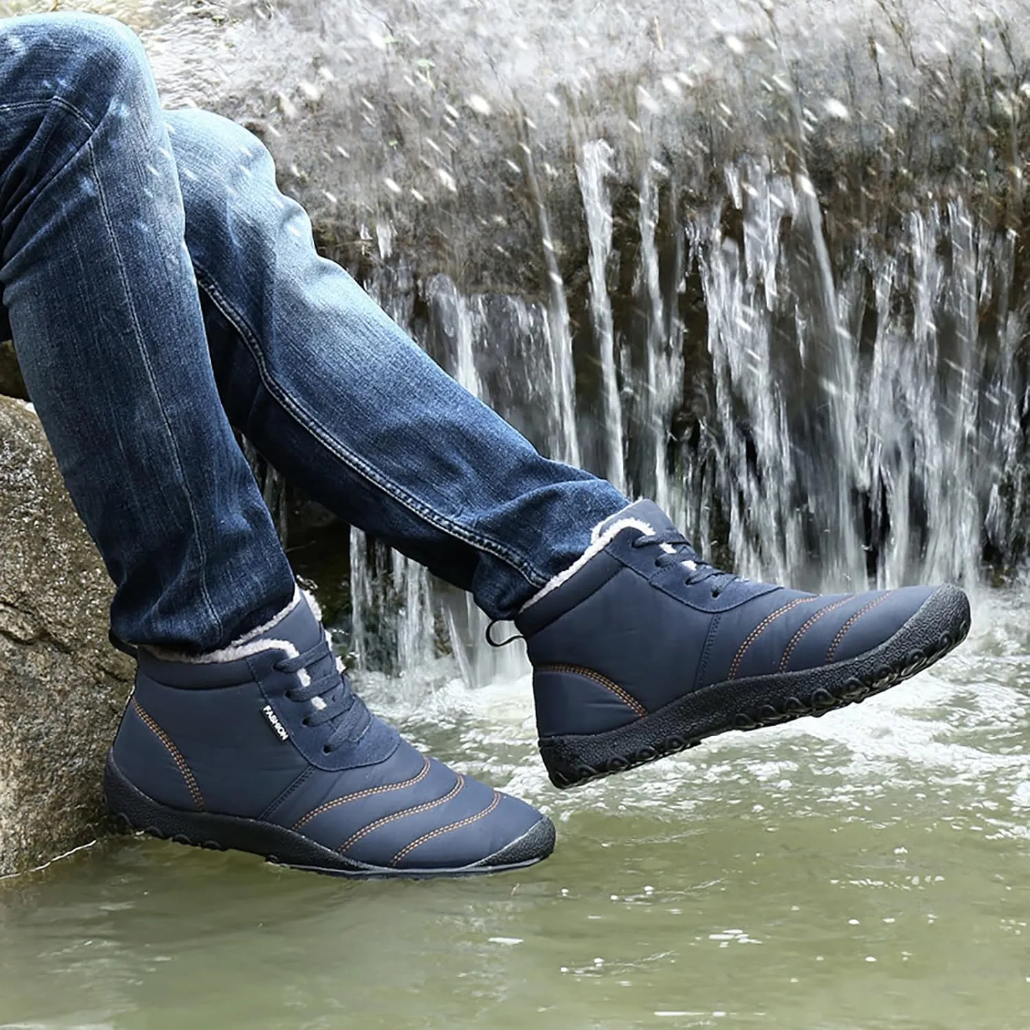 Helenbra Men's Winter Snow Boots,Hand Stitching Lace Up Outdoor Anti-Slip Waterproof Fur Lined Warm Sneakers Lightweight Flat Walking Shoe Casual Ankle Boots