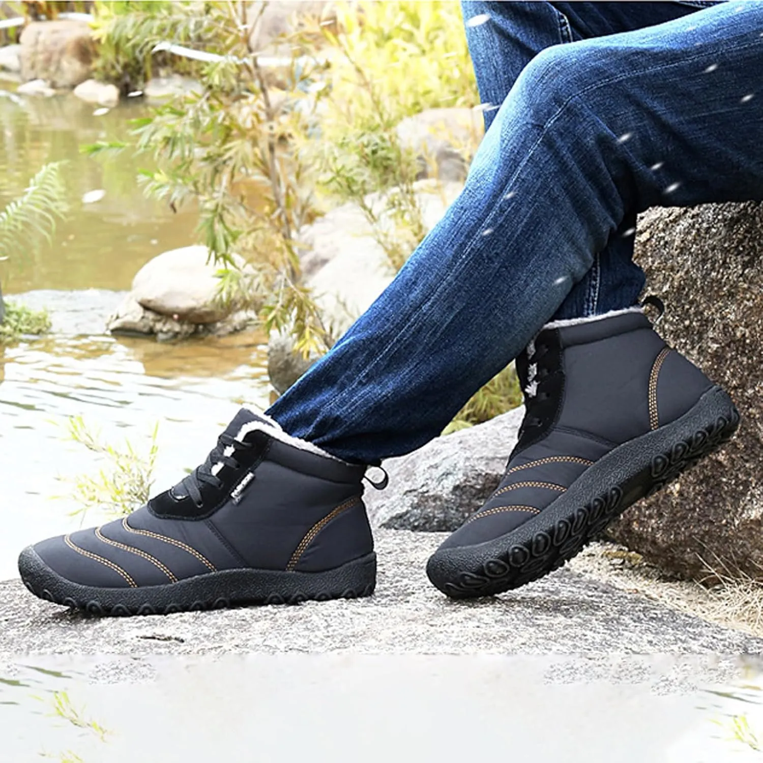 Helenbra Men's Winter Snow Boots,Hand Stitching Lace Up Outdoor Anti-Slip Waterproof Fur Lined Warm Sneakers Lightweight Flat Walking Shoe Casual Ankle Boots
