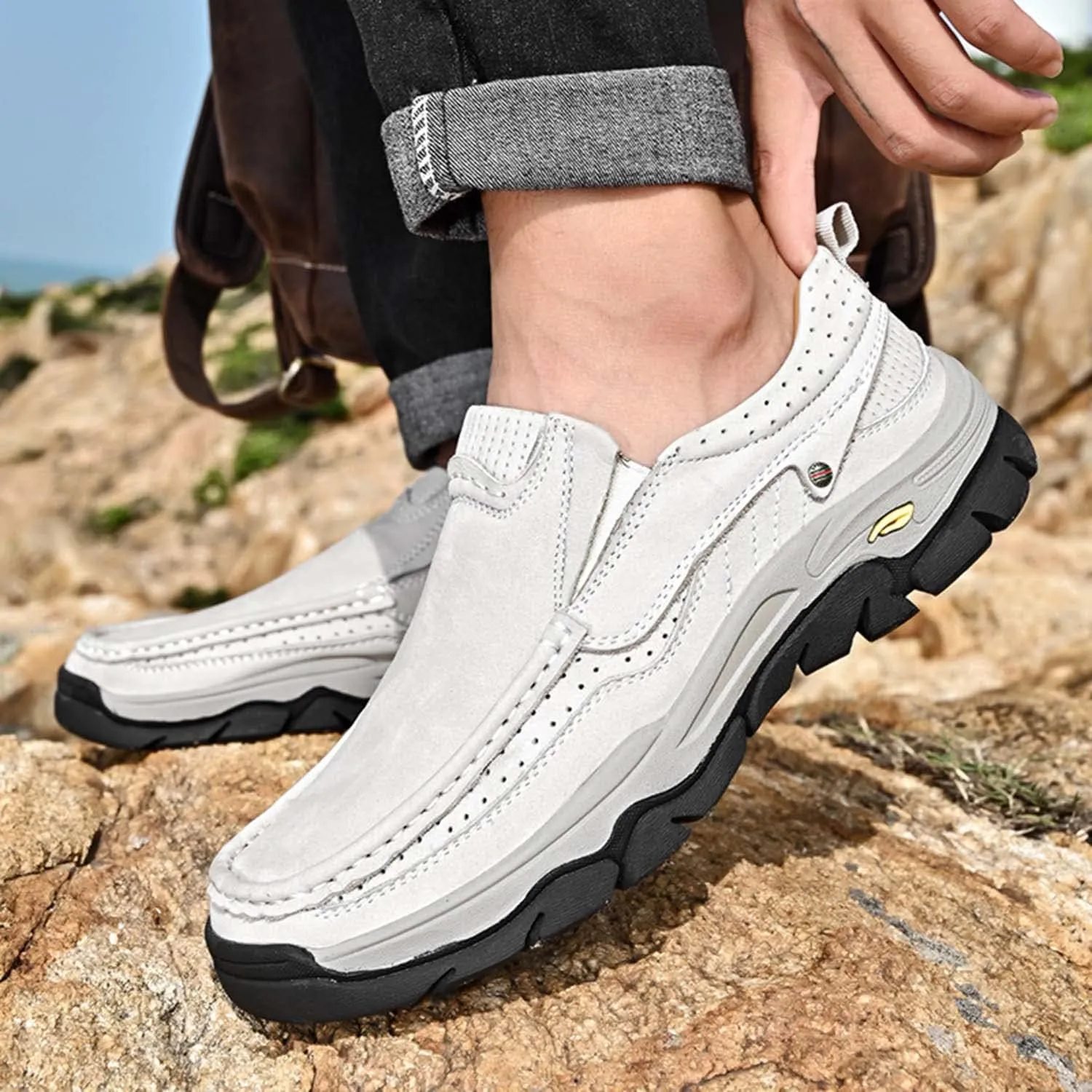HESBITEUL Men's Leather Loafers Office Slip-on Shoes Casual Walking for Work Outdoor Trekking