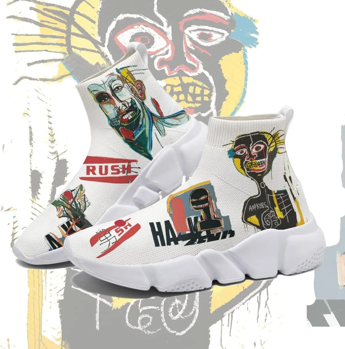 Hetios Mens Walking Shoes Graffiti Sneakers Running Shoes Sock Shoes Lightweight Comfy Breathable Multicolor