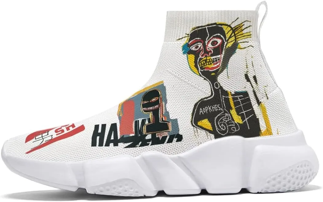 Hetios Mens Walking Shoes Graffiti Sneakers Running Shoes Sock Shoes Lightweight Comfy Breathable Multicolor