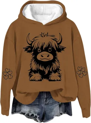 Highland Cow Hoodies for Women Cute Funny Graphic Sweatshirt Cowgirl Long Sleeve Plus Size Oversized Pullover Tops