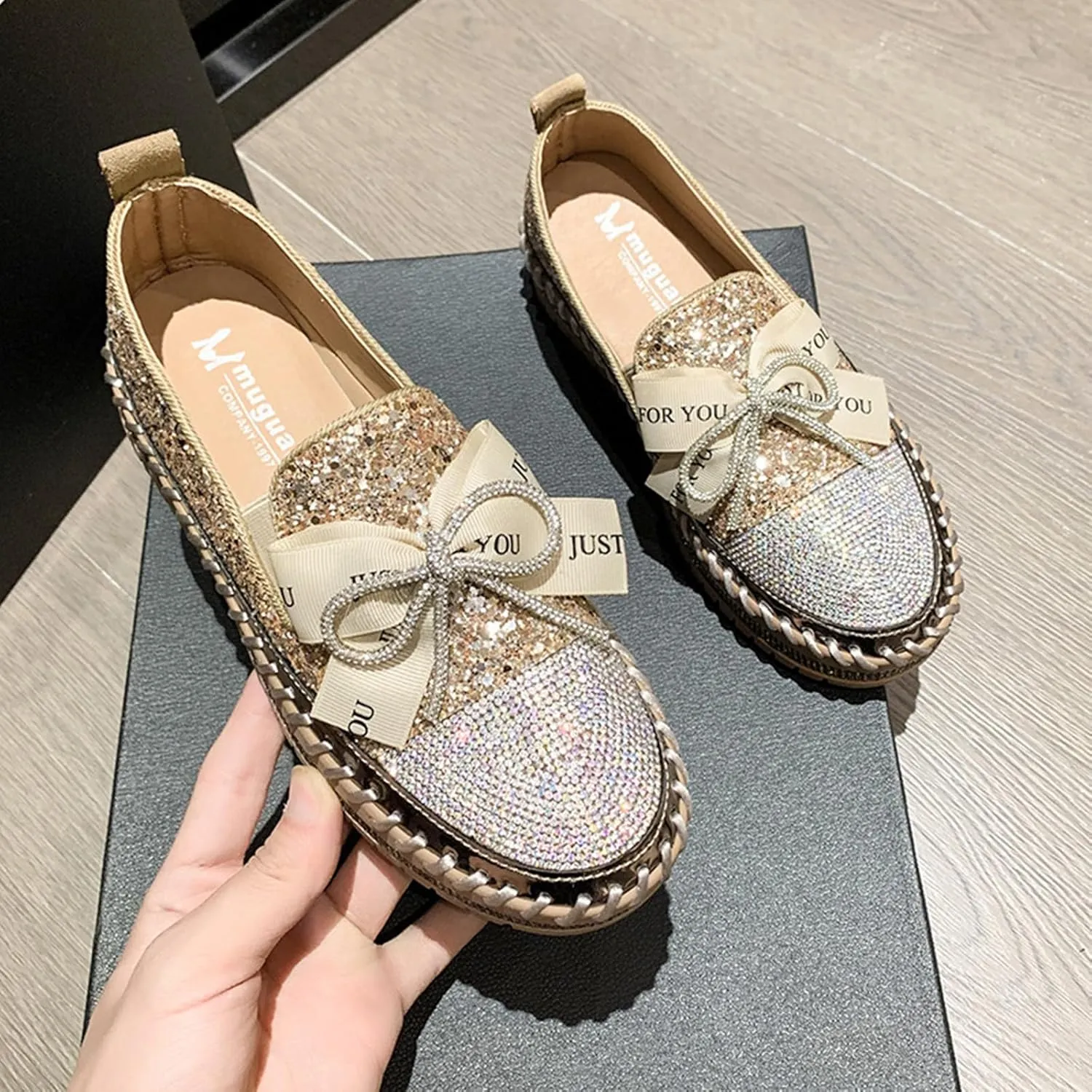 HINDOLA Women's Platform Rhinestone Sneaker Glitter Fashion Bowknot Lace up Sparkle Bling Flat Loafers Casual Non-Slip Walking Dress Shoes Golden