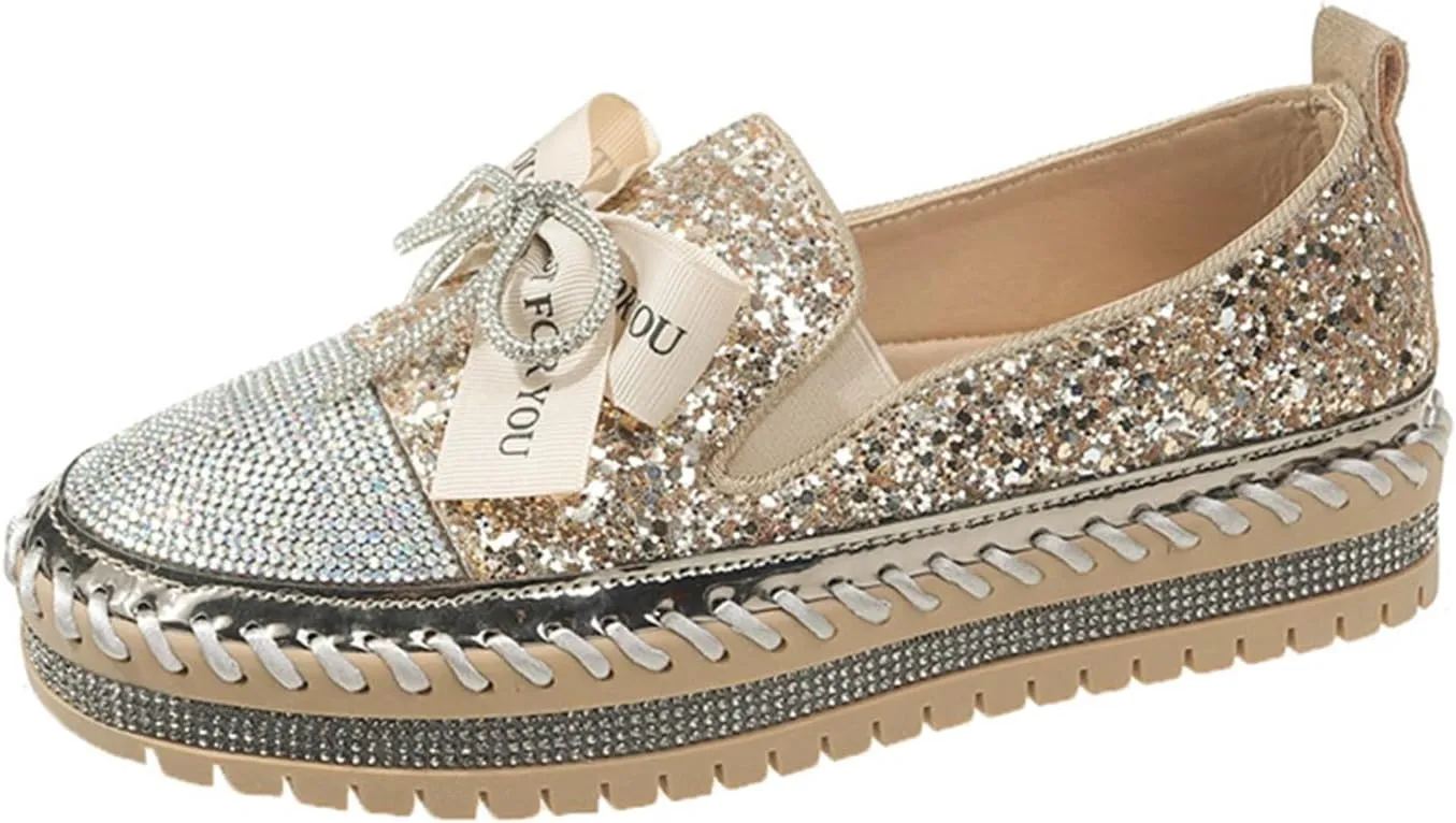 HINDOLA Women's Platform Rhinestone Sneaker Glitter Fashion Bowknot Lace up Sparkle Bling Flat Loafers Casual Non-Slip Walking Dress Shoes Golden