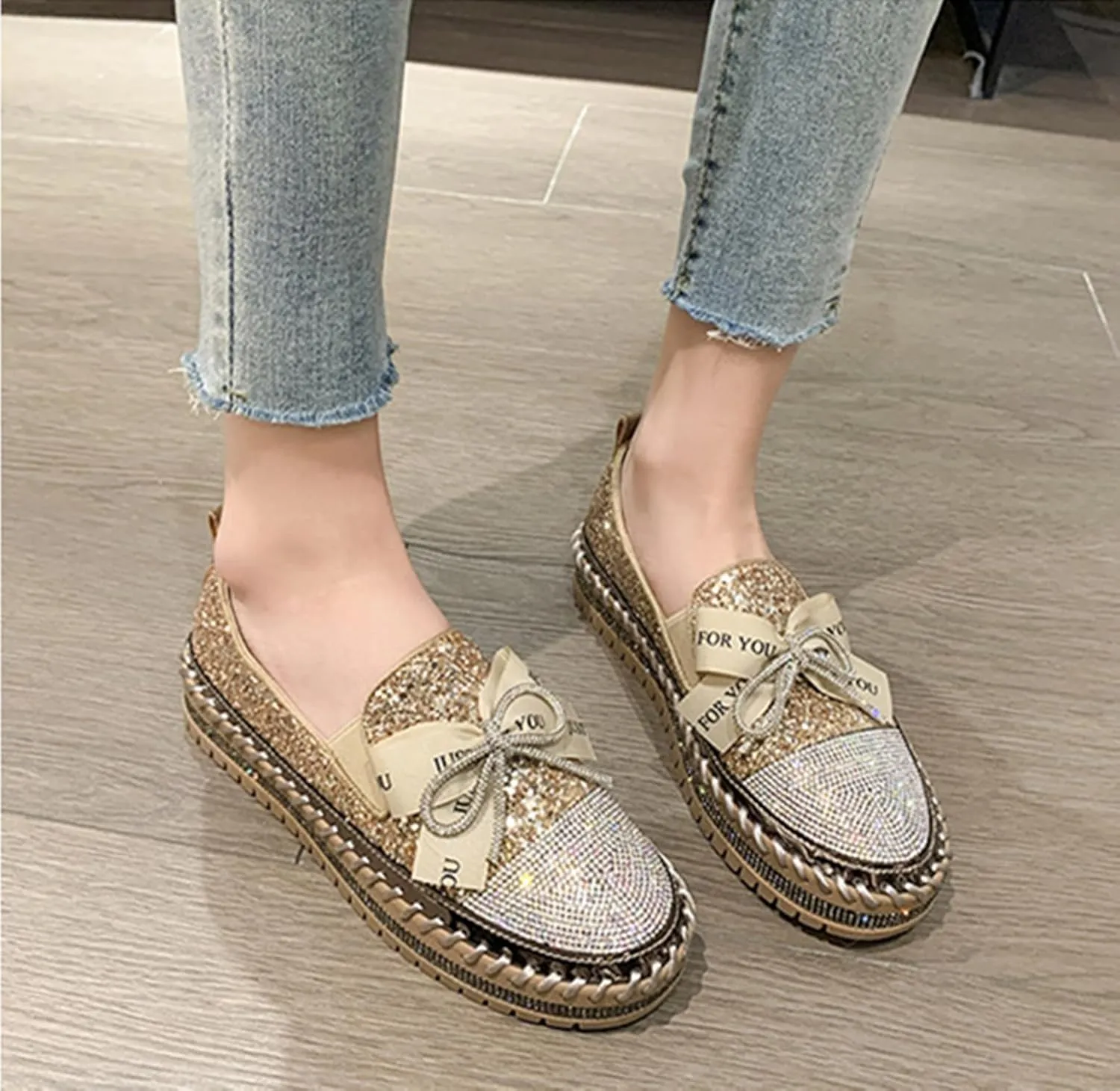 HINDOLA Women's Platform Rhinestone Sneaker Glitter Fashion Bowknot Lace up Sparkle Bling Flat Loafers Casual Non-Slip Walking Dress Shoes Golden