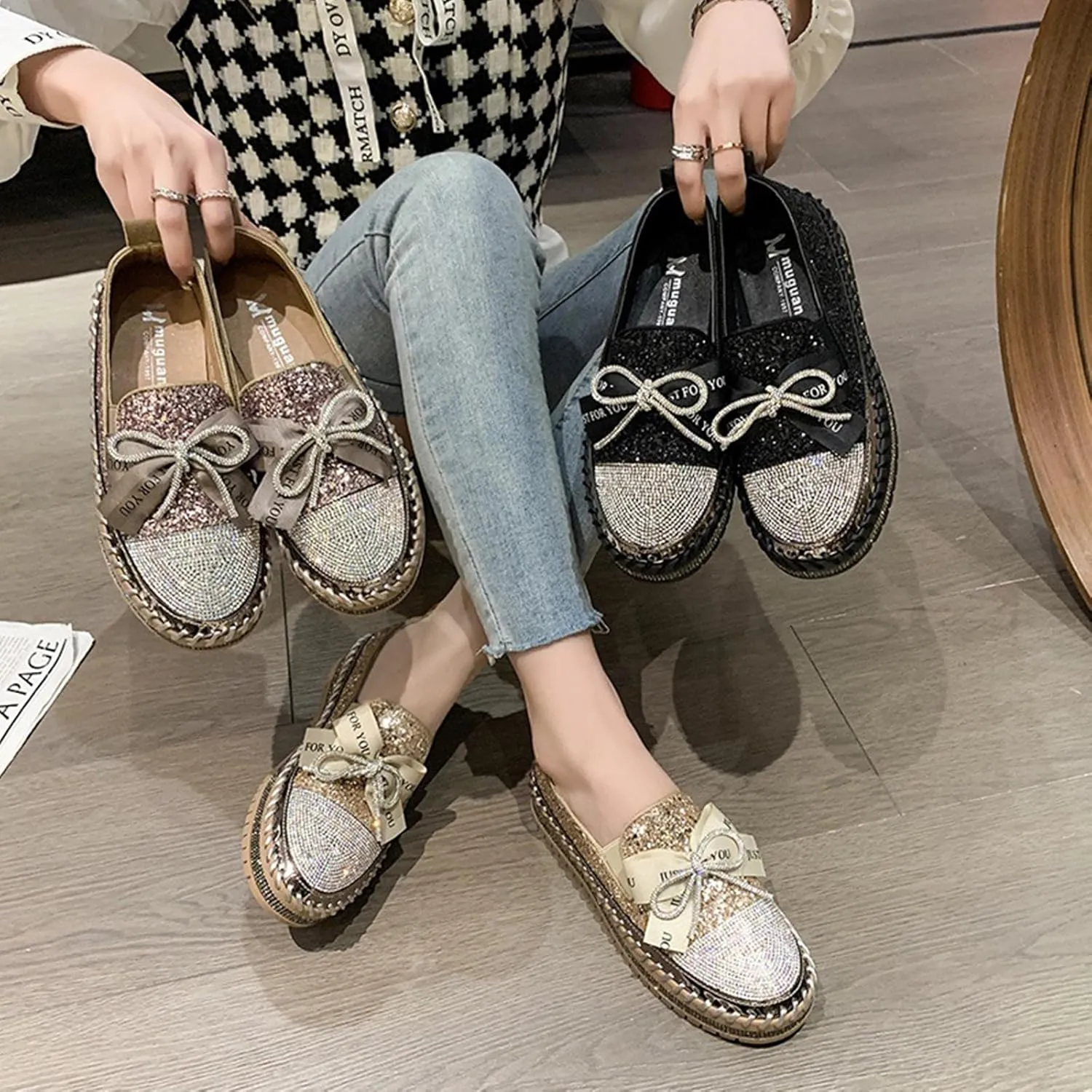 HINDOLA Women's Platform Rhinestone Sneaker Glitter Fashion Bowknot Lace up Sparkle Bling Flat Loafers Casual Non-Slip Walking Dress Shoes Golden