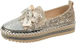HINDOLA Women's Platform Rhinestone Sneaker Glitter Fashion Bowknot Lace up Sparkle Bling Flat Loafers Casual Non-Slip Walking Dress Shoes Golden