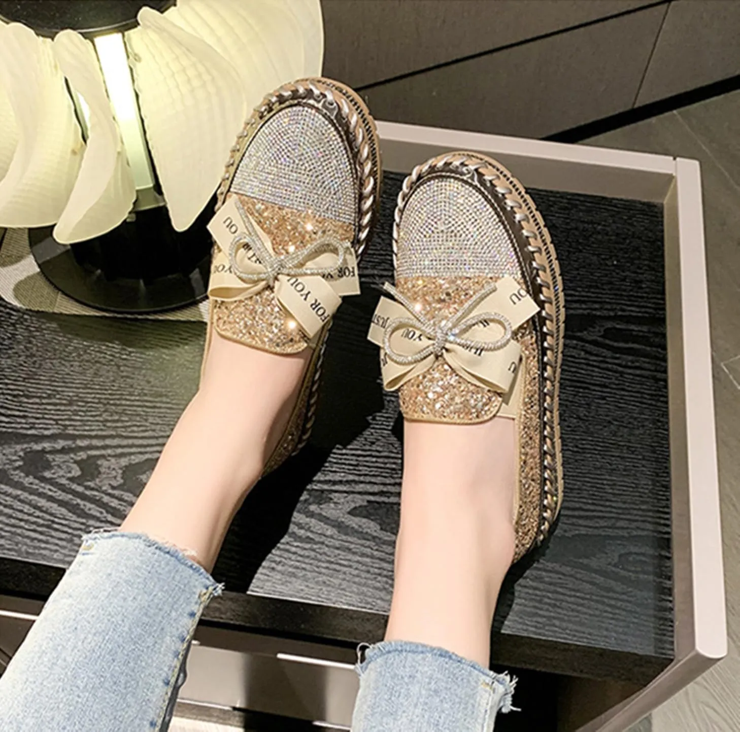 HINDOLA Women's Platform Rhinestone Sneaker Glitter Fashion Bowknot Lace up Sparkle Bling Flat Loafers Casual Non-Slip Walking Dress Shoes Golden