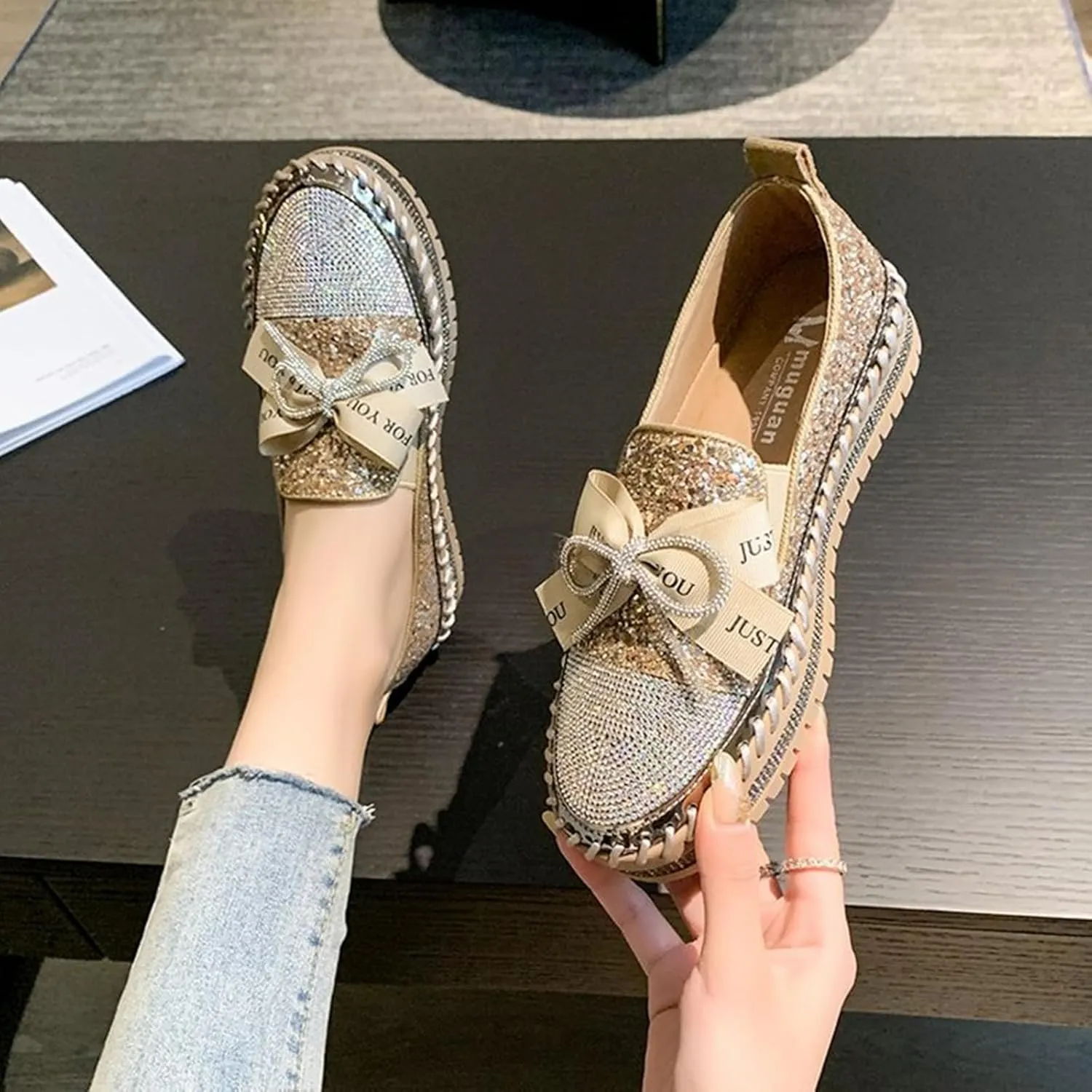 HINDOLA Women's Platform Rhinestone Sneaker Glitter Fashion Bowknot Lace up Sparkle Bling Flat Loafers Casual Non-Slip Walking Dress Shoes Golden