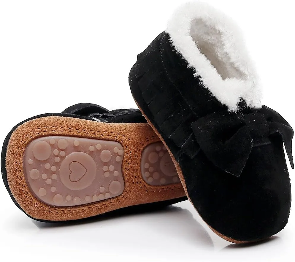 HONGTEYA Baby Moccasins with Fur Fleece Rubber Soles Warm Snow Boots Leather Baby Shoes for Boys Girls…