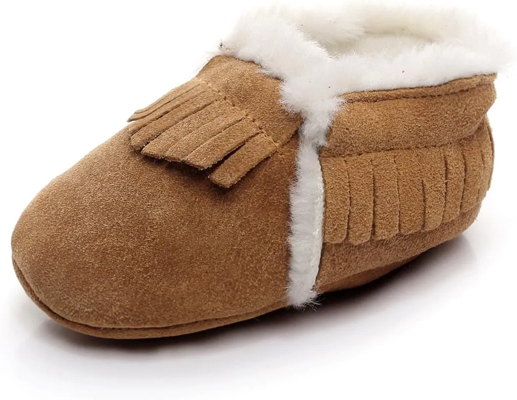 HONGTEYA Baby Moccasins with Fur Fleece Rubber Soles Warm Snow Boots Leather Baby Shoes for Boys Girls…