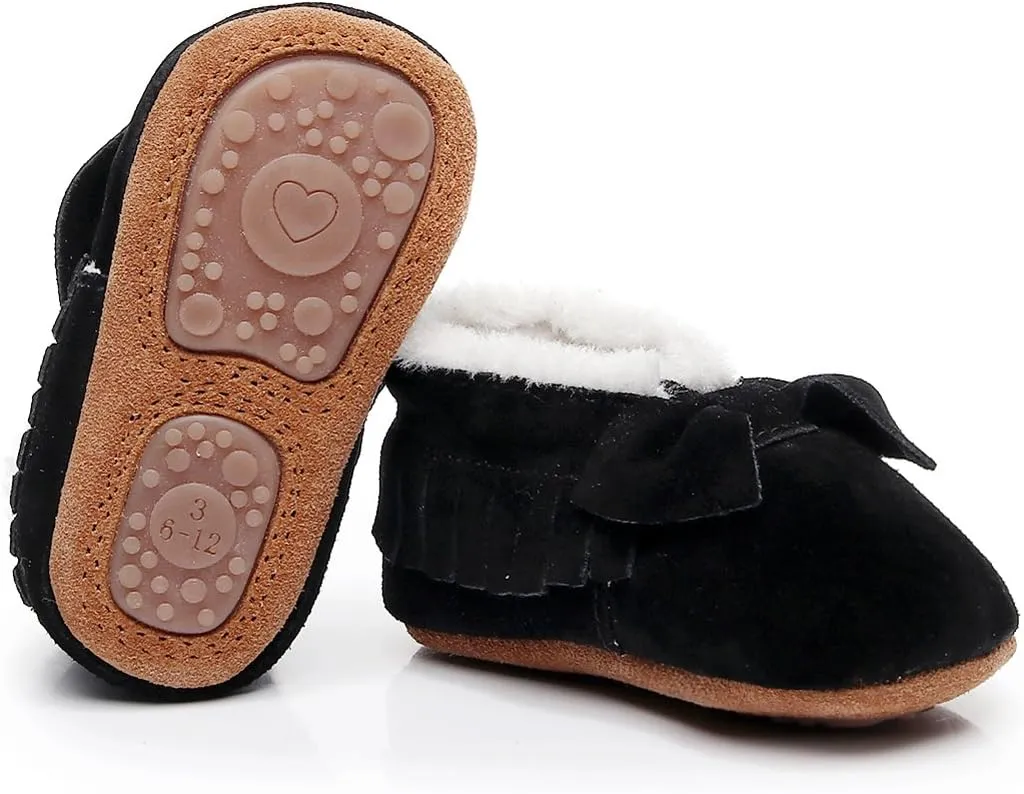HONGTEYA Baby Moccasins with Fur Fleece Rubber Soles Warm Snow Boots Leather Baby Shoes for Boys Girls…