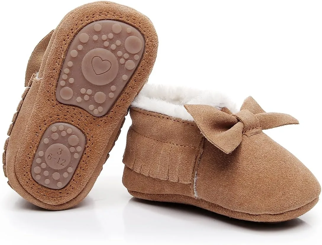HONGTEYA Baby Moccasins with Fur Fleece Rubber Soles Warm Snow Boots Leather Baby Shoes for Boys Girls…