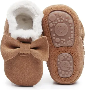 HONGTEYA Baby Moccasins with Fur Fleece Rubber Soles Warm Snow Boots Leather Baby Shoes for Boys Girls…