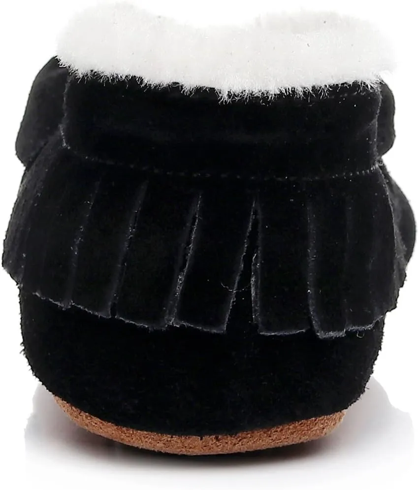 HONGTEYA Baby Moccasins with Fur Fleece Rubber Soles Warm Snow Boots Leather Baby Shoes for Boys Girls…